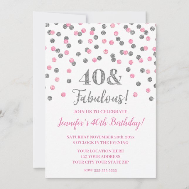 Pink Silver Glitter Confetti 40 and Fabulous Invitation (Back)