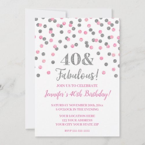 Pink Silver Glitter Confetti 40 and Fabulous Invitation