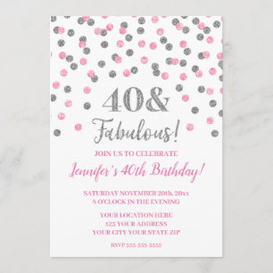 Pink Silver Glitter Confetti 40 and Fabulous Invitation