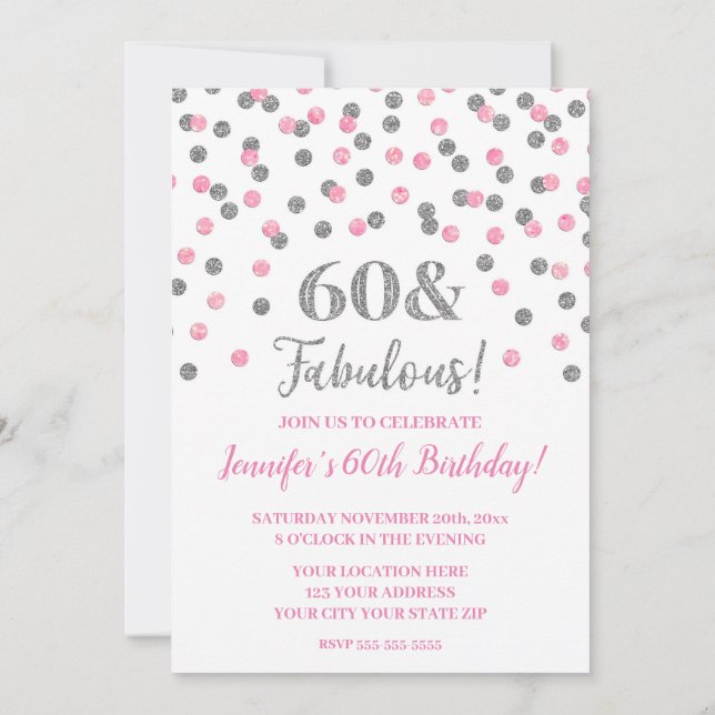Pink Silver Glitter Confetti 60 and Fabulous Invitation (Back)