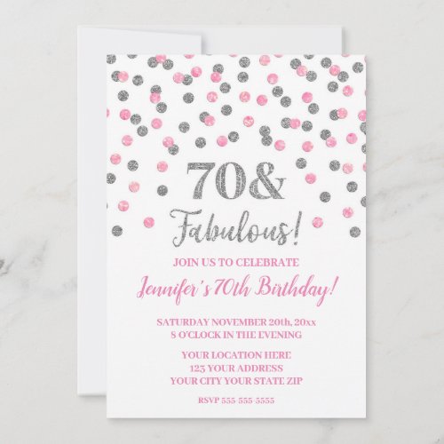 Pink Silver Glitter Confetti 70 and Fabulous Invitation