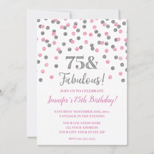 Pink Silver Glitter Confetti 75 and Fabulous Invitation (Back)