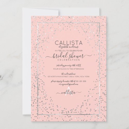 Pink Silver Glitter Confetti Border Bridal Shower Invitation