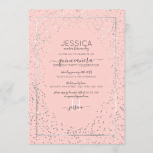 Pink Silver Glitter Confetti Border Quinceañera Invitation