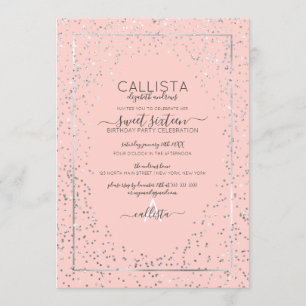 Pink Silver Glitter Confetti Border Sweet 16 Invitation
