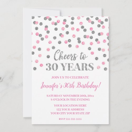 Pink Silver Glitter Confetti Cheers to 30 Years Invitation