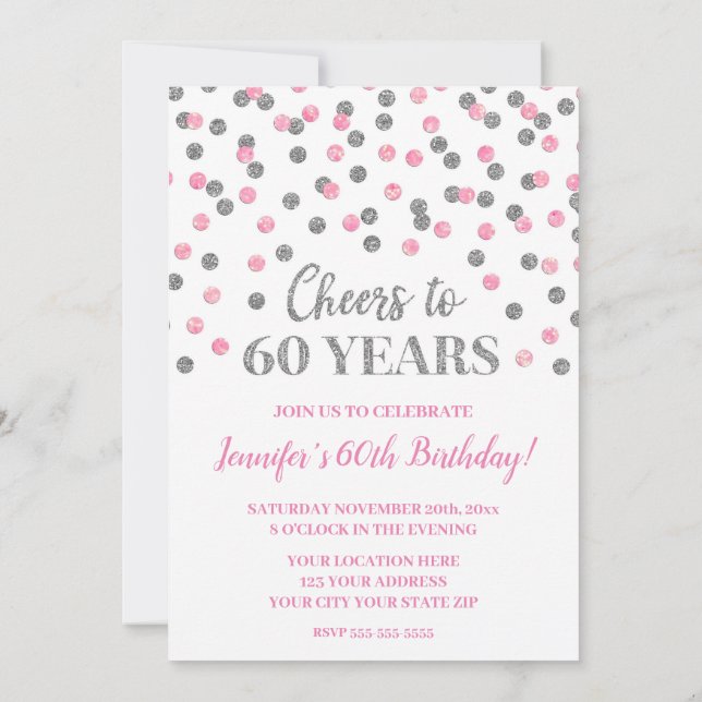 Pink Silver Glitter Confetti Cheers to 60 Years Invitation (Back)