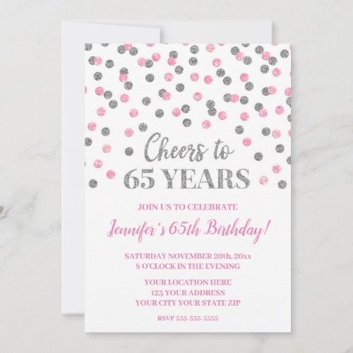 Pink Silver Glitter Confetti Cheers to 65 Years Invitation