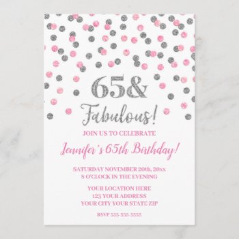 Pink Silver Glitter Confetti Cheers To 65 Years Invitation by DreamingMindCards at Zazzle