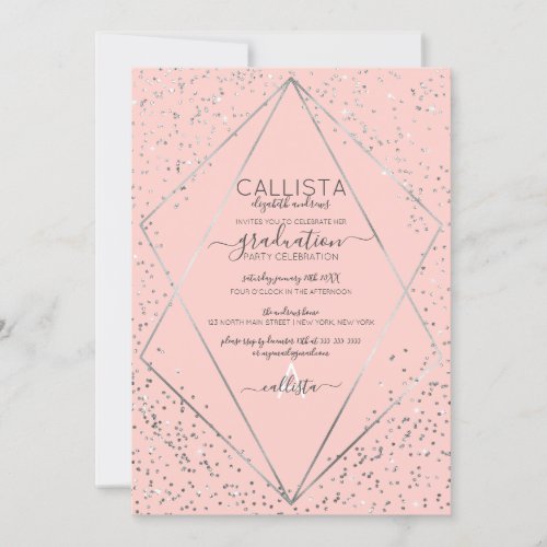 Pink Silver Glitter Confetti Terrarium Graduation Invitation