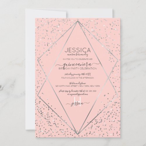 Pink Silver Glitter Confetti Terrarium Quinceaera Invitation