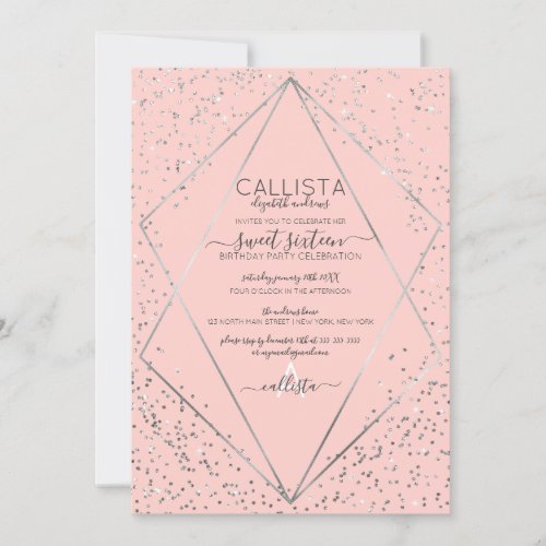 Pink Silver Glitter Confetti Terrarium Sweet 16 Invitation