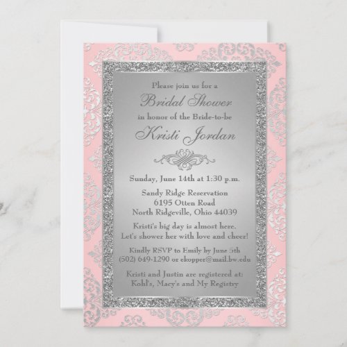 Pink Silver Glitter Damask Bridal Shower Invite