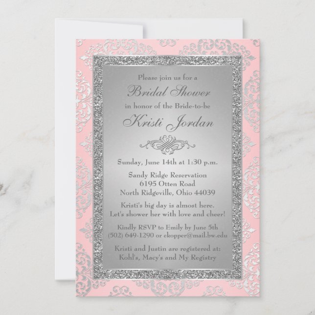 Pink, Silver Glitter Damask Bridal Shower Invite (Front)