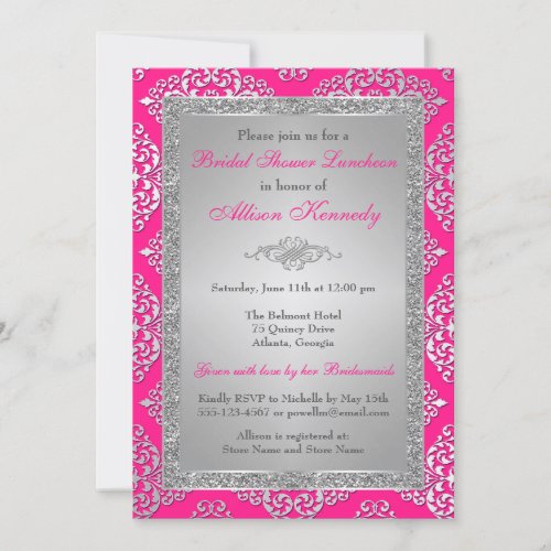 Pink Silver Glitter Damask Bridal Shower Invite