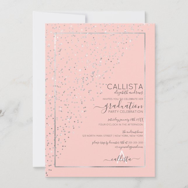 Pink Silver Glitter Diagonal Confetti Graduation Invitation (Front)