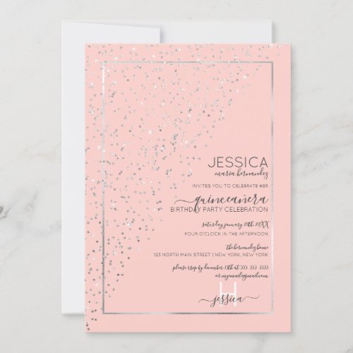 Pink Silver Glitter Diagonal Confetti Quinceaera Invitation