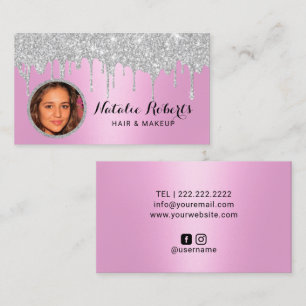 Pink Silver Glitter Drips Beauty Salon Photo Business Card