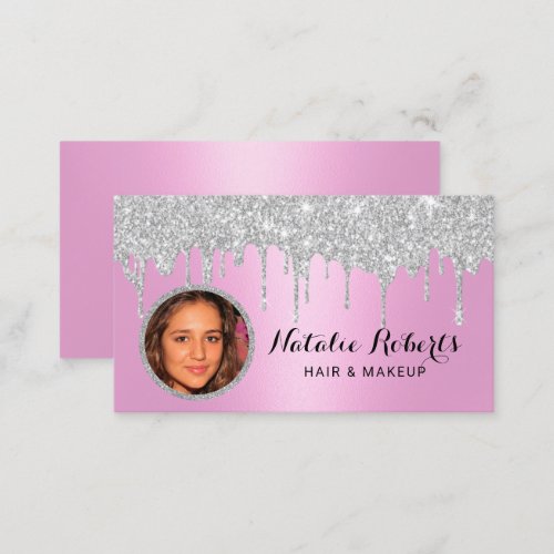 Pink Silver Glitter Drips Beauty Salon Photo Business Card