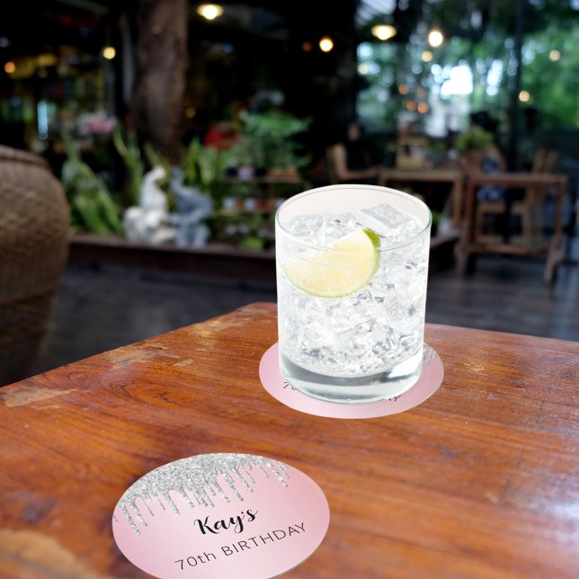 Pink silver glitter drips name birthday round paper coaster (Creator Uploaded)