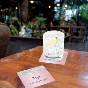 Pink silver glitter drips name birthday square paper coaster
