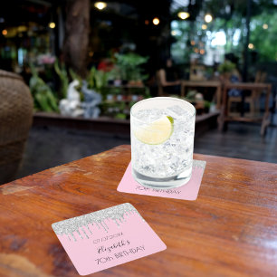Pink silver glitter drips name birthday square paper coaster
