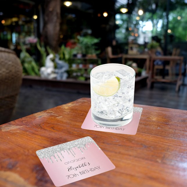 Pink silver glitter drips name birthday square paper coaster (Creator Uploaded)