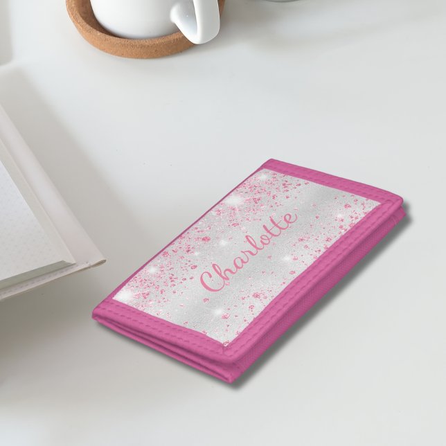 Pink silver glitter dust monogram name girl trifold wallet (Creator Uploaded)