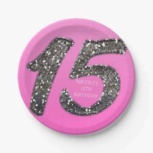 Pink  Silver Glitter Fifteen 15 Birthday Party Paper Plates