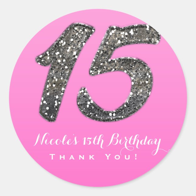 Pink & Silver Glitter Fifteen 15 Party Favor Classic Round Sticker (Front)