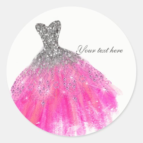 Pink  Silver Glitter Glam Dress Bridal Shower Classic Round Sticker