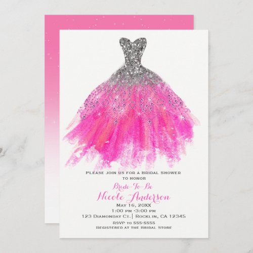 Pink  Silver Glitter Glam Dress Bridal Shower Invitation