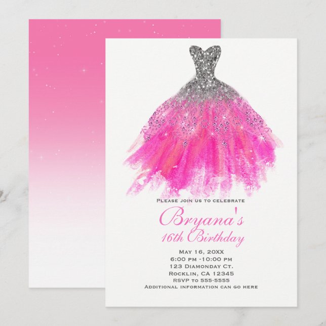 Pink & Silver Glitter Glam Dress Sweet 16 Party Invitation (Front/Back)
