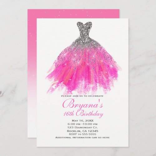 Pink  Silver Glitter Glam Dress Sweet 16 Party Invitation