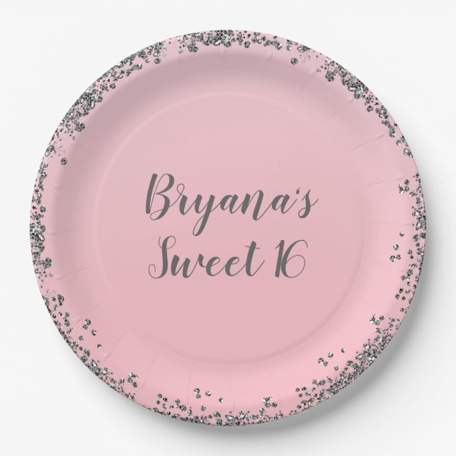 Pink Silver Glitter Glam Edge Sweet 16 Party Paper Plates (Front)
