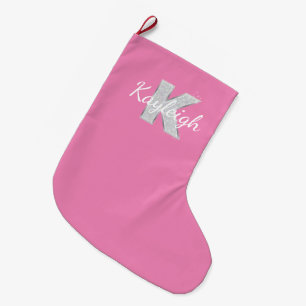 Pink Silver Glitter letter K Large Christmas Stocking