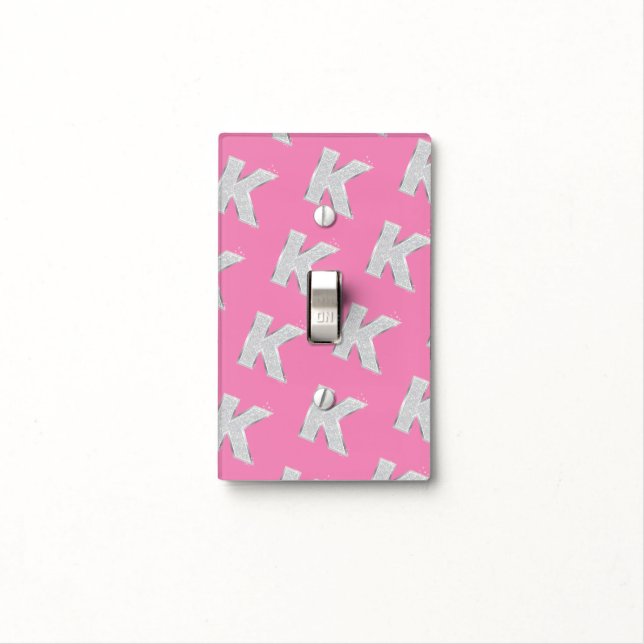 Pink Silver Glitter letter K Light Switch Cover (In Situ)