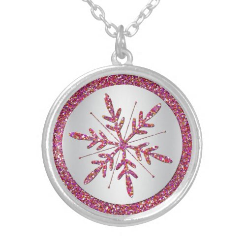 Pink Silver Glitter LOOK Snowflake Necklace