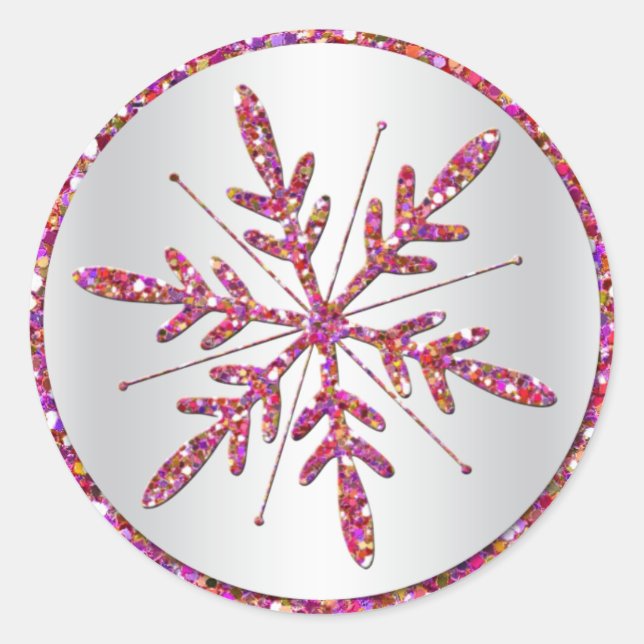 Pink, Silver Glitter LOOK Snowflake Sticker (Front)