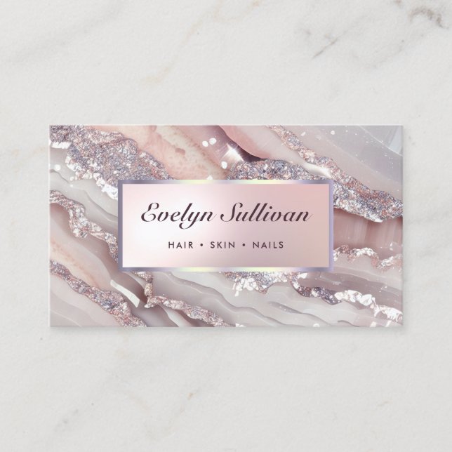 Pink silver glitter marble business card (Front)