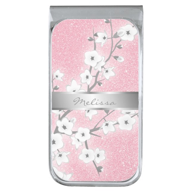 Pink Silver Glitter Monogram Finish Money Clip (Front Vertical)