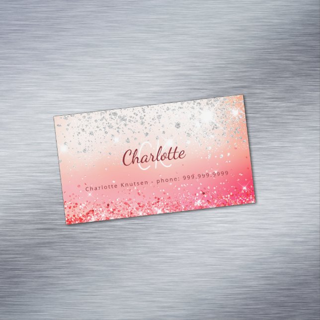 Pink Silver glitter monogram initials  Business Card Magnet (In Situ)