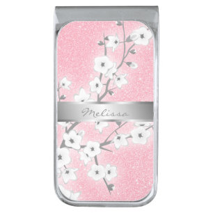 Pink Silver Glitter Monogram Silver Finish Money Clip