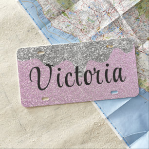 Pink Silver Glitter Personalized Business Name License Plate