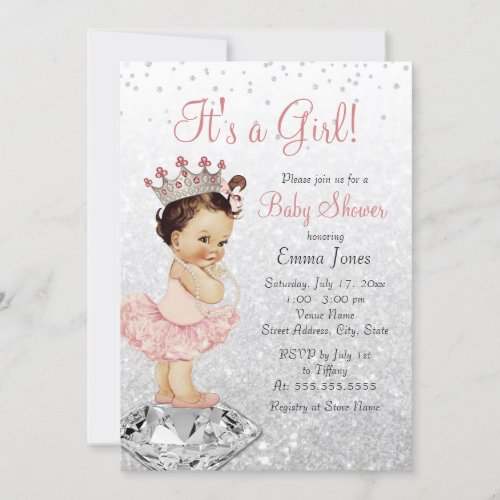 Pink Silver Glitter Princess Baby Shower Invitation