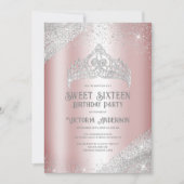 Pink Silver Glitter Princess Tiara Sweet 16 Invita Invitation (Front)
