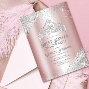 Pink Silver Glitter Princess Tiara Sweet 16 Invita Invitation
