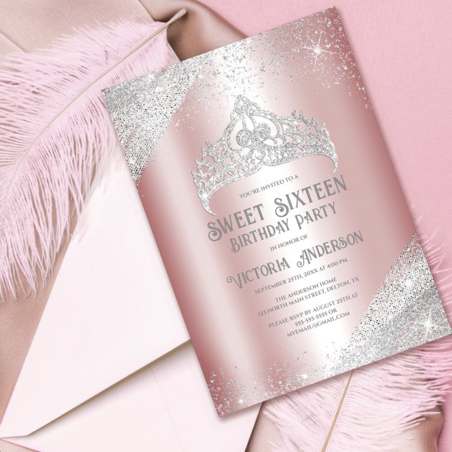 Pink Silver Glitter Princess Tiara Sweet 16 Invita Invitation