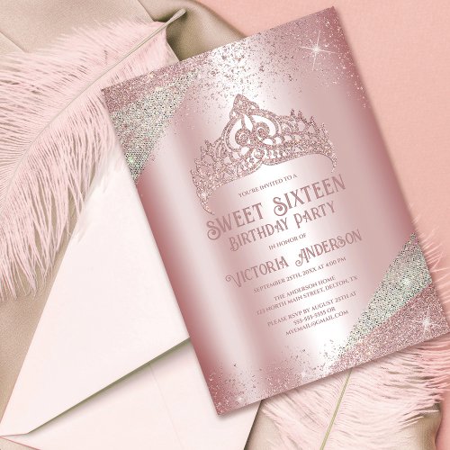 Pink Silver Glitter Princess Tiara Sweet 16 Invitation