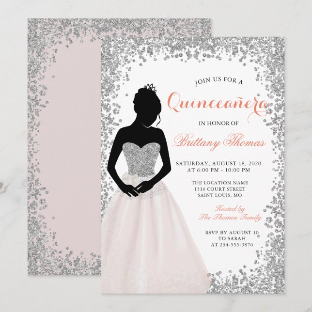 Pink Silver Glitter Quinceanera 15th Birthday Invitation (Front/Back)